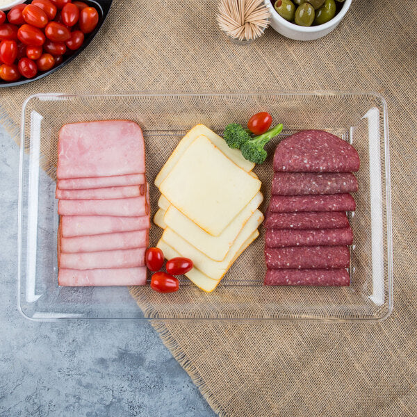 Fineline Settings - Platter Pleasers 18" x 12" Clear Plastic Rectangular Cater Tray - RC473.CL