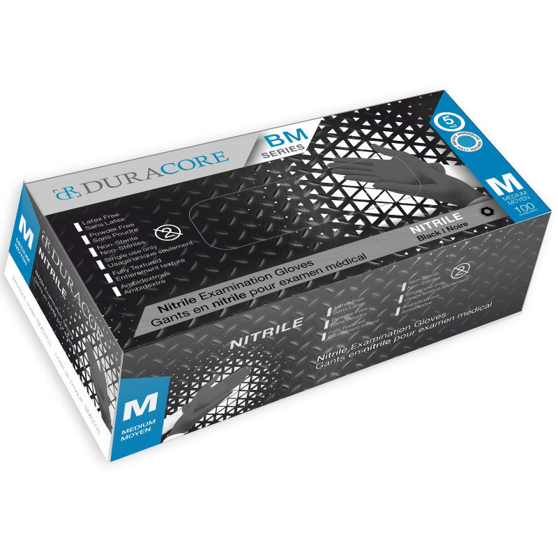 Duracore - 5 Mil, Fully Textured Medium Black Nitrile Examination Gloves, 100/Box - BM5503
