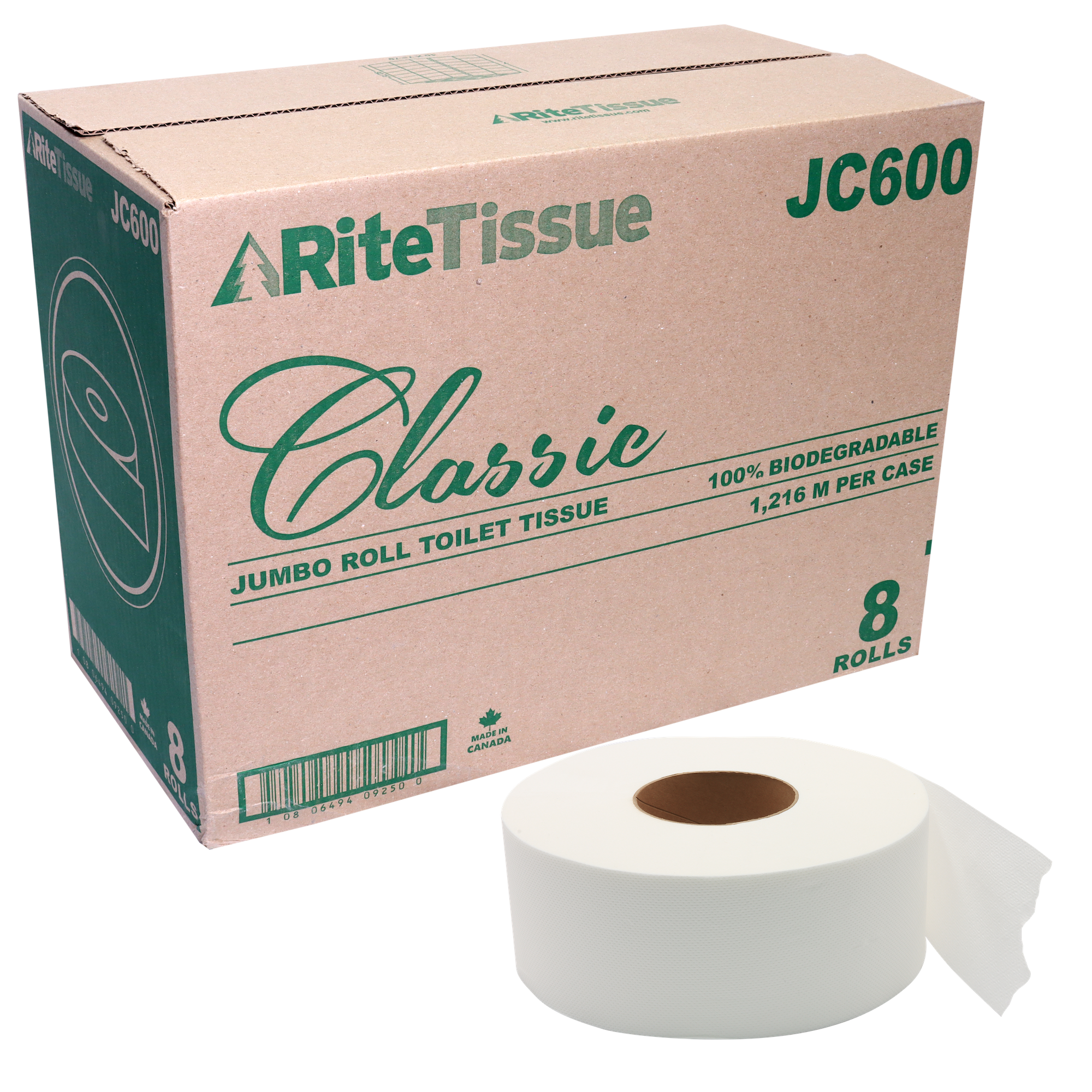 RiteTissue - Classic Jumbo Roll Tissue, 2-Ply, White, 3.29" x 1216m, 8 Rolls/Case, 70 Cases/Pallet – JC600