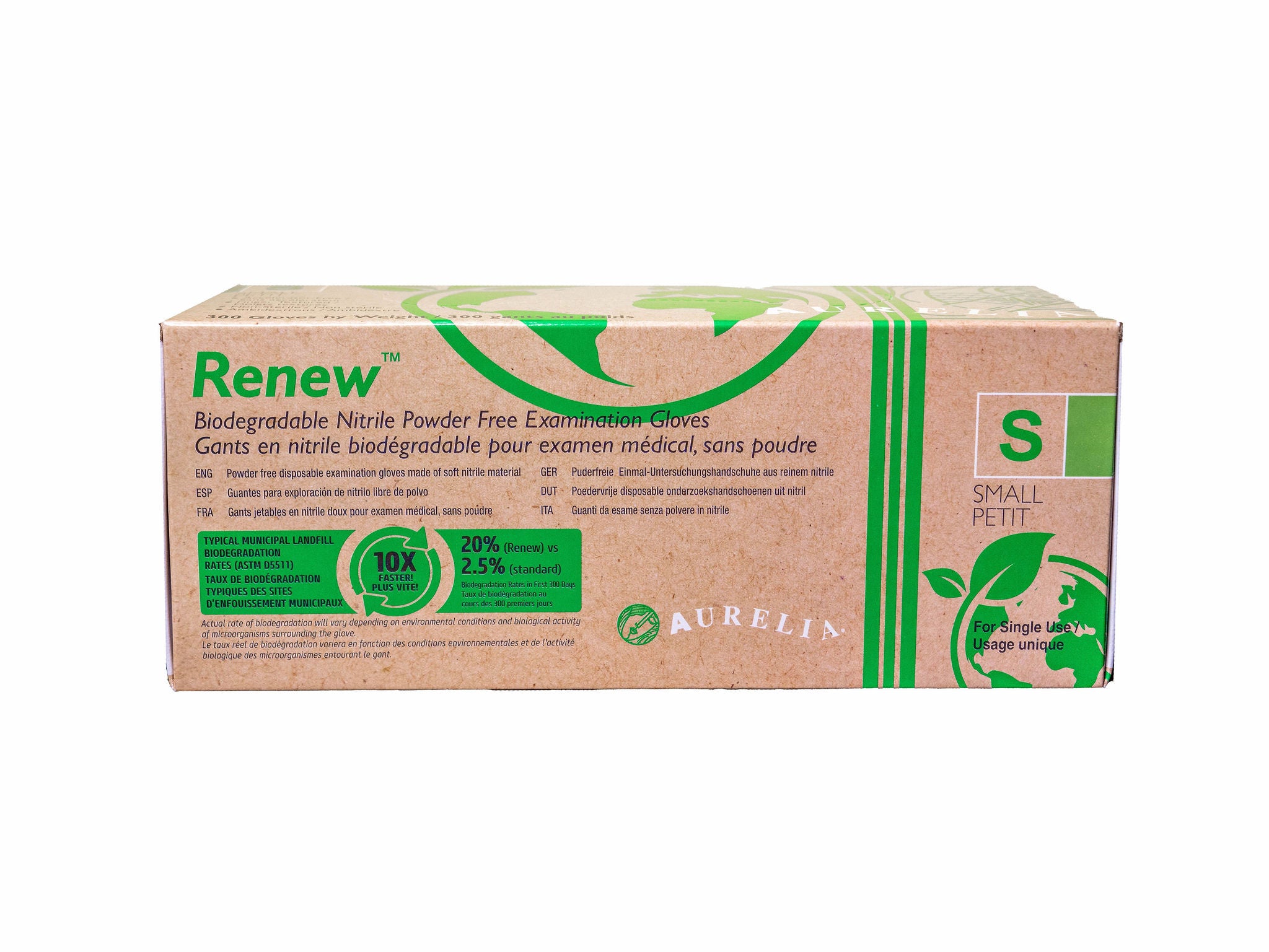 Aurelia® Renew™ Biodegradable Nitrile Exam Gloves – Powder Free, Latex Free, 2.2 ml Thickness, Green Apple, 300/box