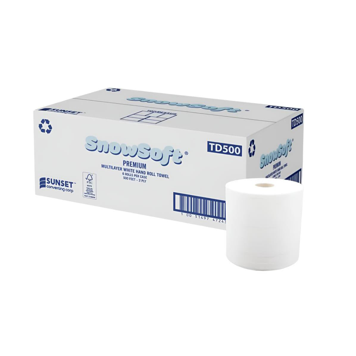 Snow Soft - 7.65" x 500 Feet White Premium Tad Hand Towel Roll, 6 Rl/Cs - TD500