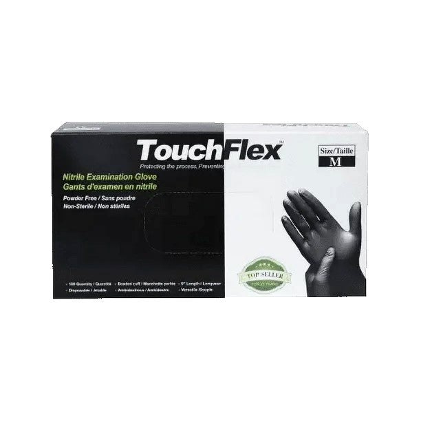 TouchFlex Black Nitrile Disposable Gloves, Powder-Free, Latex-Free, Textured Fingertip, 4.5 Mil Thickness, 100/Bx - TFGNP100S