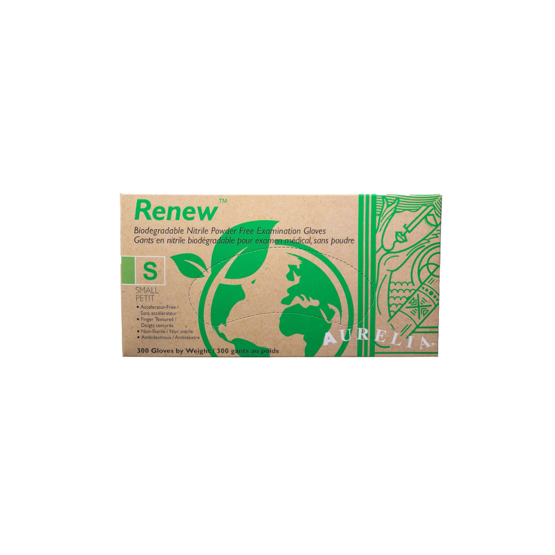 Aurelia® Renew™ Biodegradable Nitrile Exam Gloves – Powder Free, Latex Free, 2.2 ml Thickness, Green Apple, 300/box