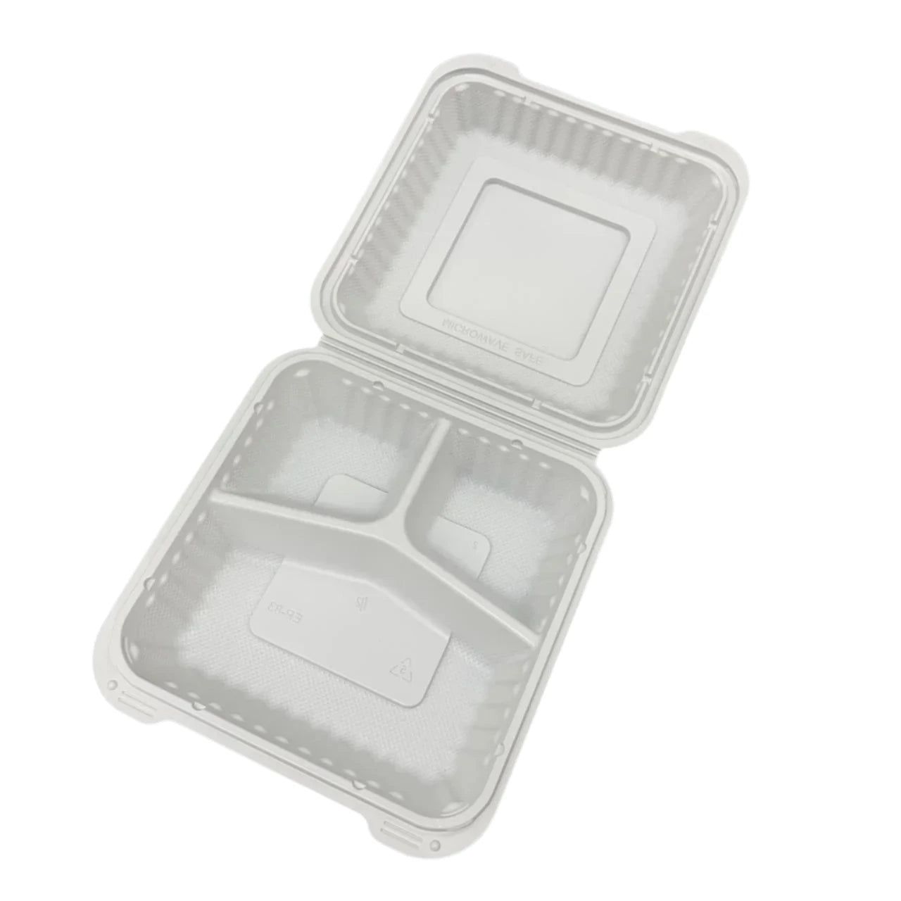 RitePak - 8" x 8" White MFPP Hinged Container with 3 Compartment, 150Pcs/Cs 70Cs/Sk 5Cs/Tier - SL-PP803