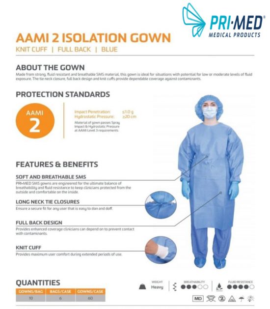 Isolation Gown AAMI Level 2, Pack of 10 and Case of 100