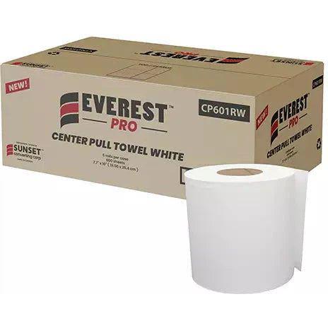 Everest Pro - 7.65" x 500' 1 Ply Center Pull White Paper Hand Towel Roll, 6Rl/Cs - CP601RW