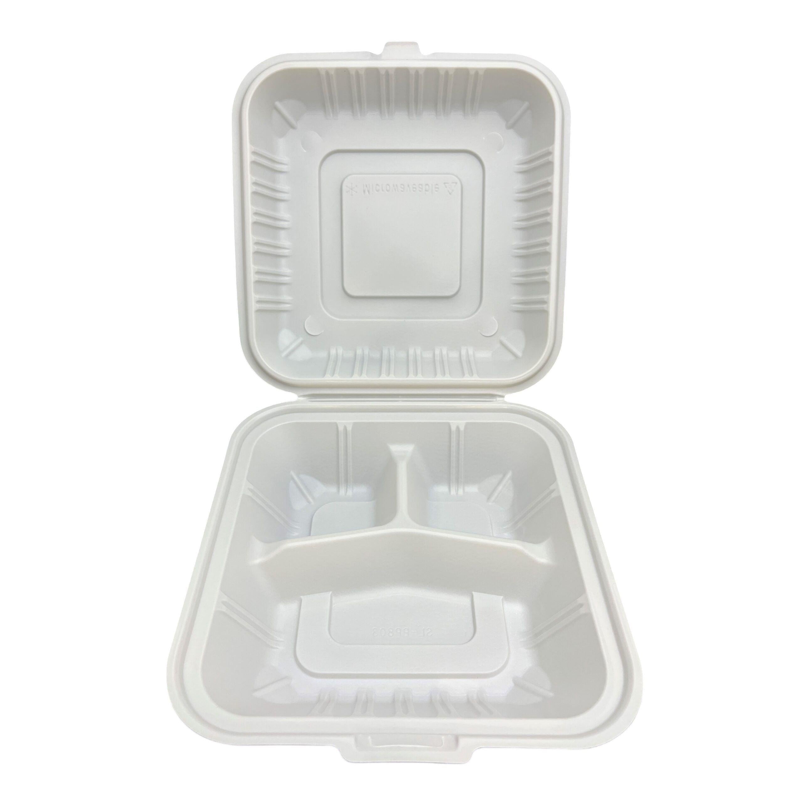 9" x 9" White MFPP Hinged Container 3 Compartment, 150PCs/Cs, 60Cs/Sk, 6Cs/Tier - SLPP903
