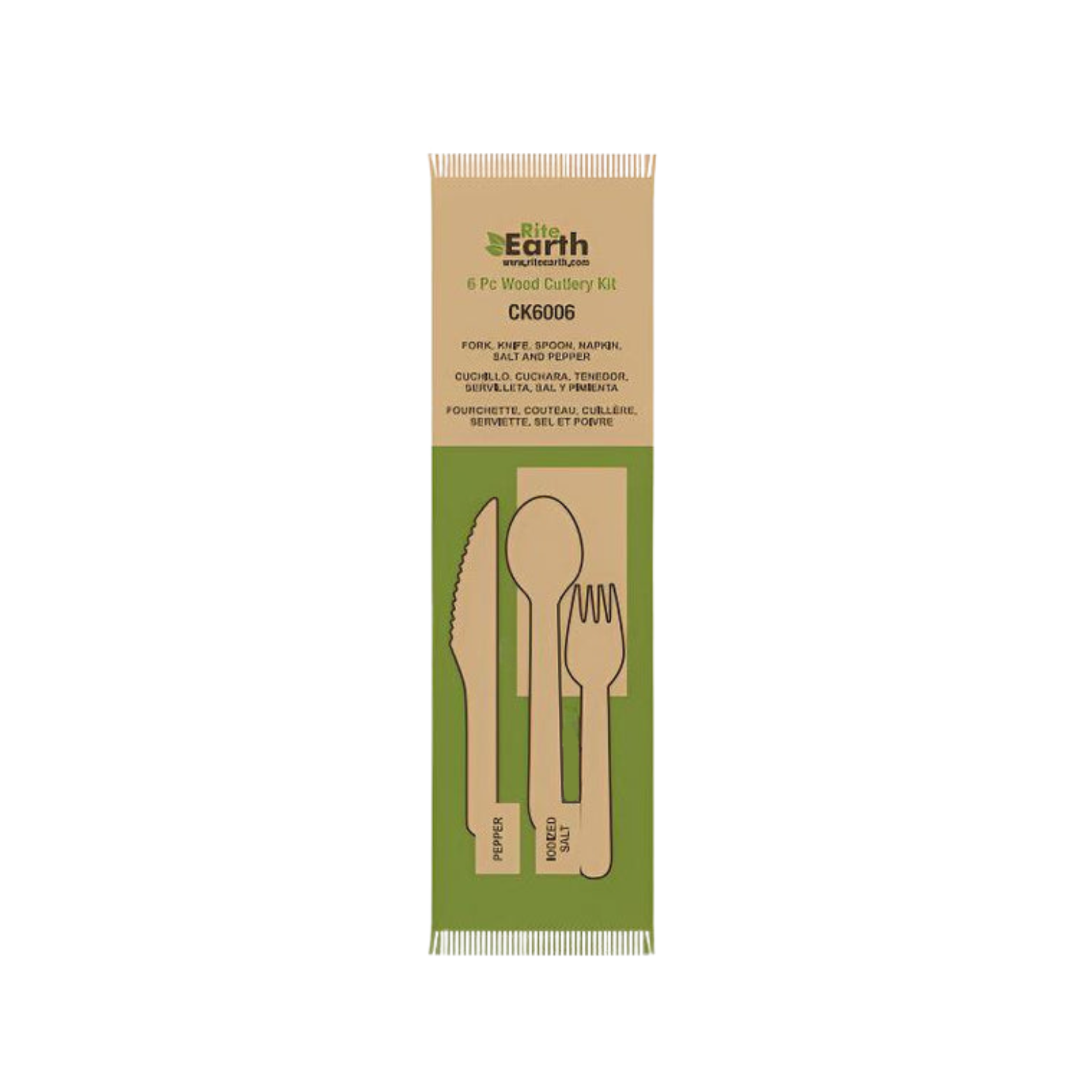 RiteEarth - Wooden Cutlery 6/1 Kit (Knife + Fork + Spoon + Napkin + Salt + Peper), Pack of 250 - CK6006