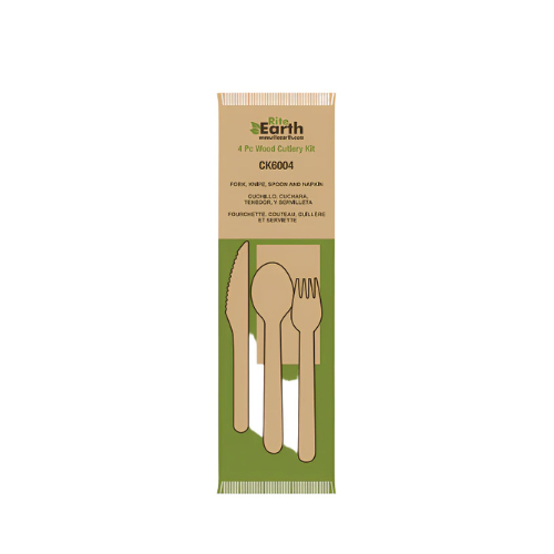 4 Pc Cutlery Kit Wood Fork, Knife, Spoon, Napkin 250 kits/cs | RiteEarth