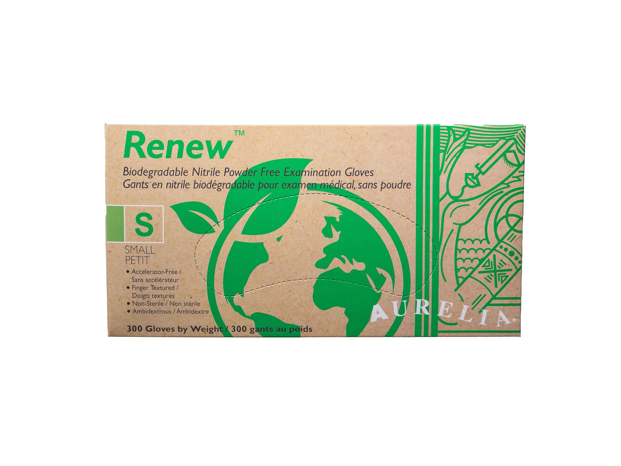 Aurelia® Renew™ Biodegradable Nitrile Exam Gloves – Powder Free, Latex Free, 2.2 ml Thickness, Green Apple, 300/box