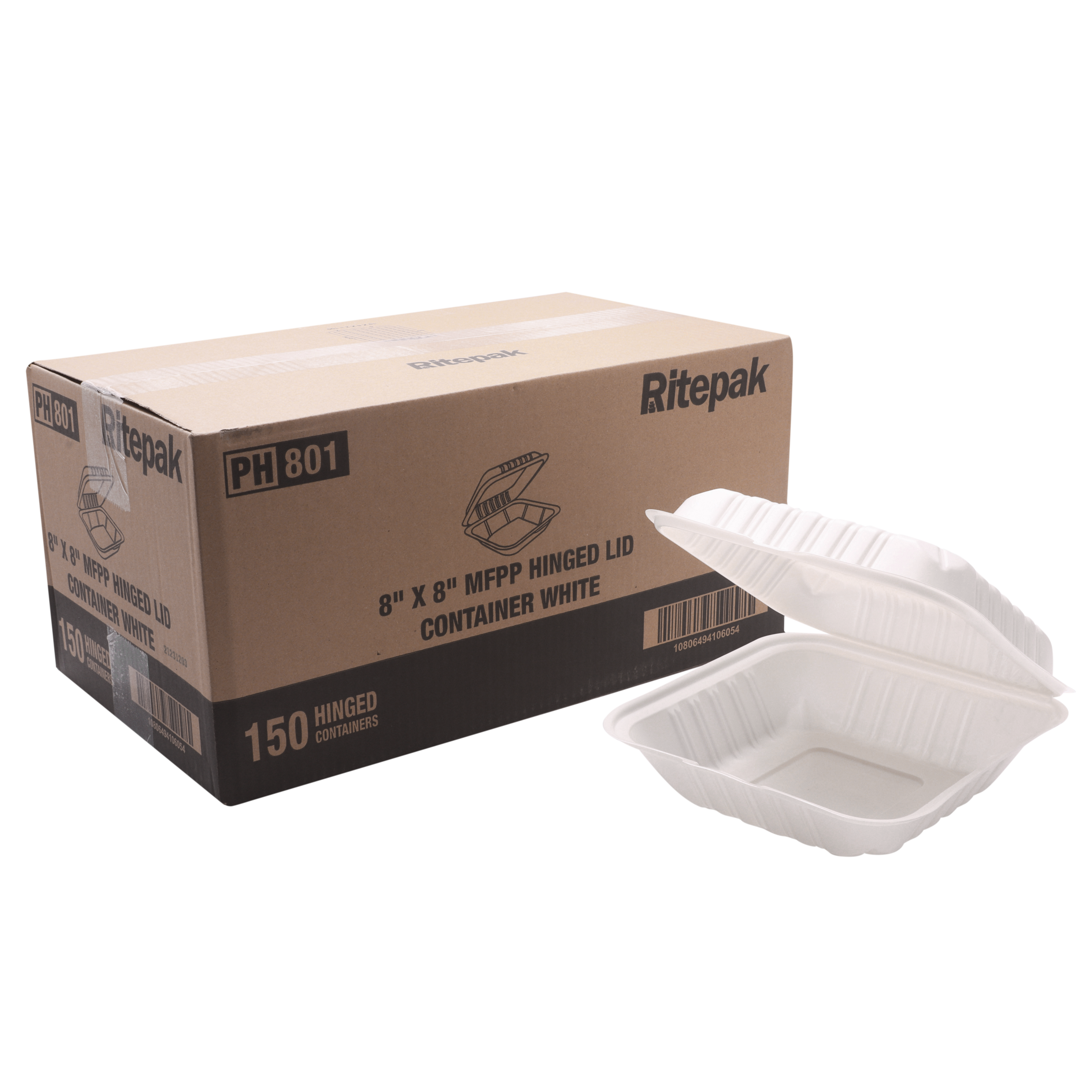 RitePak - 8" X 8" MFPP White Hinged Microwavable Container, 150/Cs - PH801