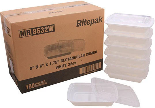 RitePak - 32 Oz, 8" x 6" x 1.75" White Polypropylene Rectangular Container Combo, 150Pcs/Cs - MR8632W