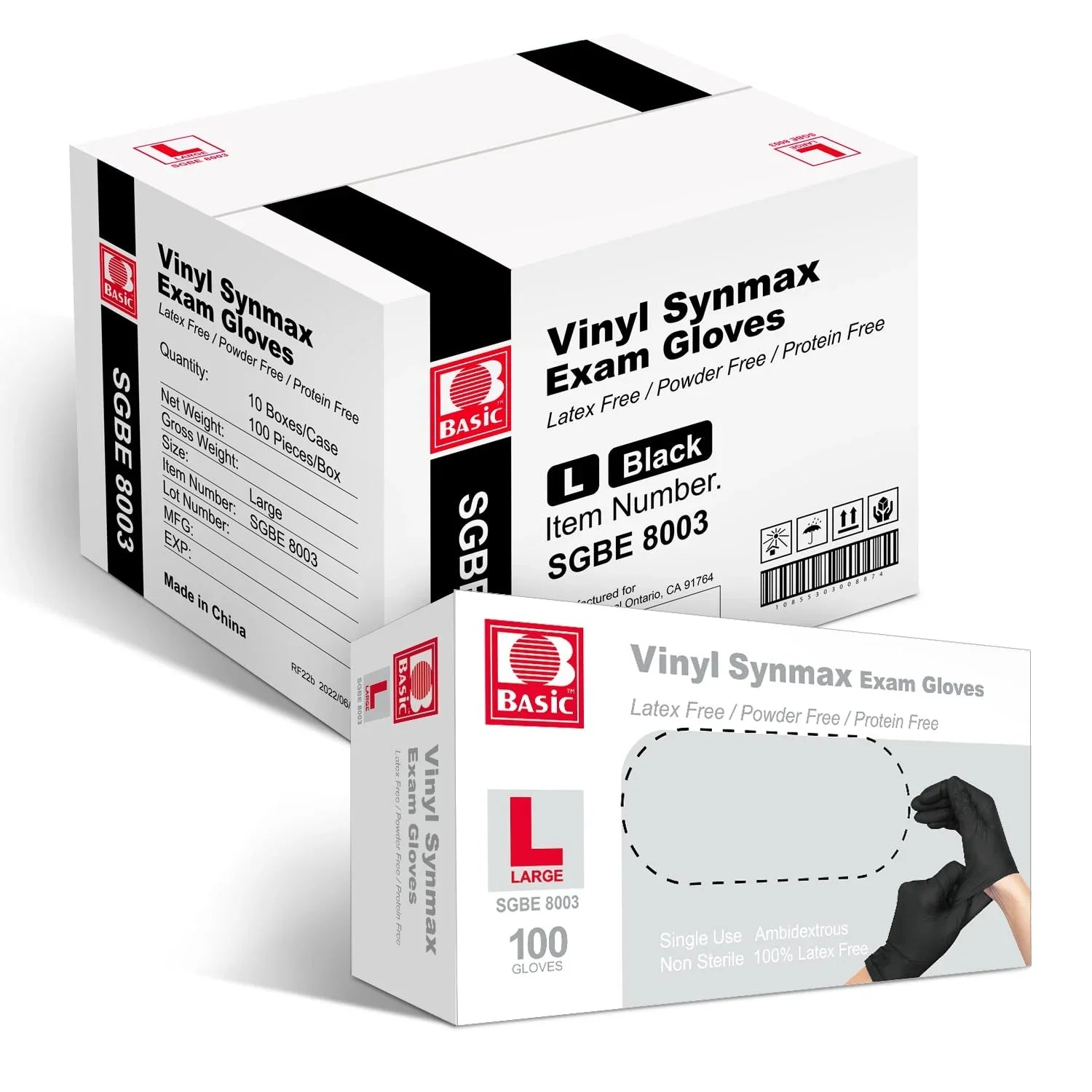 Basic - PF Vinyl Synmax Large Black Exam Gloves, 100/bx, 10bx/cs - SGBE 8003