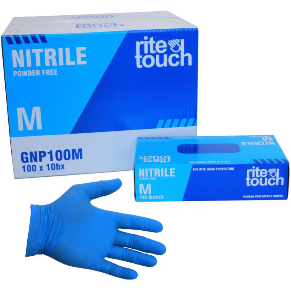 RiteTouch - 4 mil Blue Nitrile Medium Powder-Free Gloves, 100/bx - GNP100M