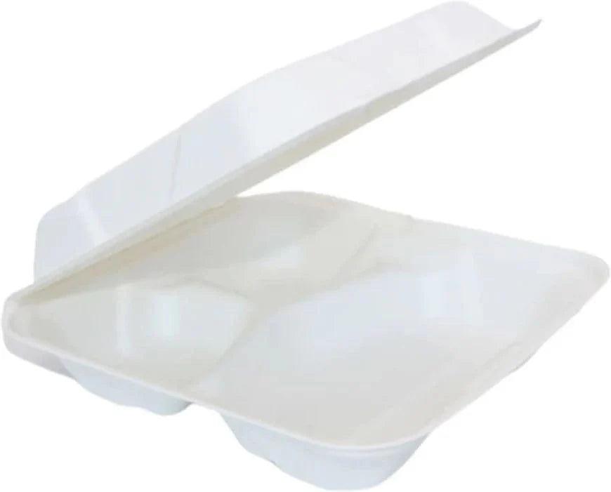 RiteEarth - 8" x 8.7" 3 Compartment Bagasse Hinged Container, 200/cs - H893