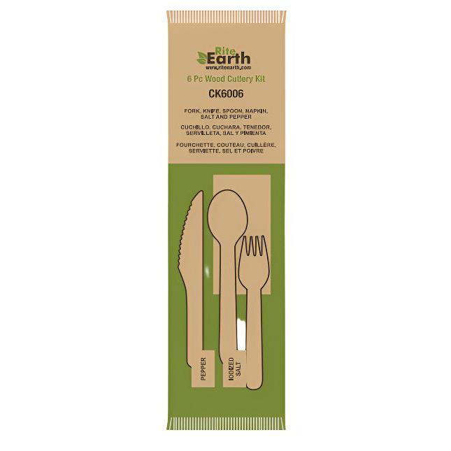 RiteEarth - Wooden Cutlery 6/1 Kit (Knife + Fork + Spoon + Napkin + Salt + Peper), Pack of 250 - CK6006