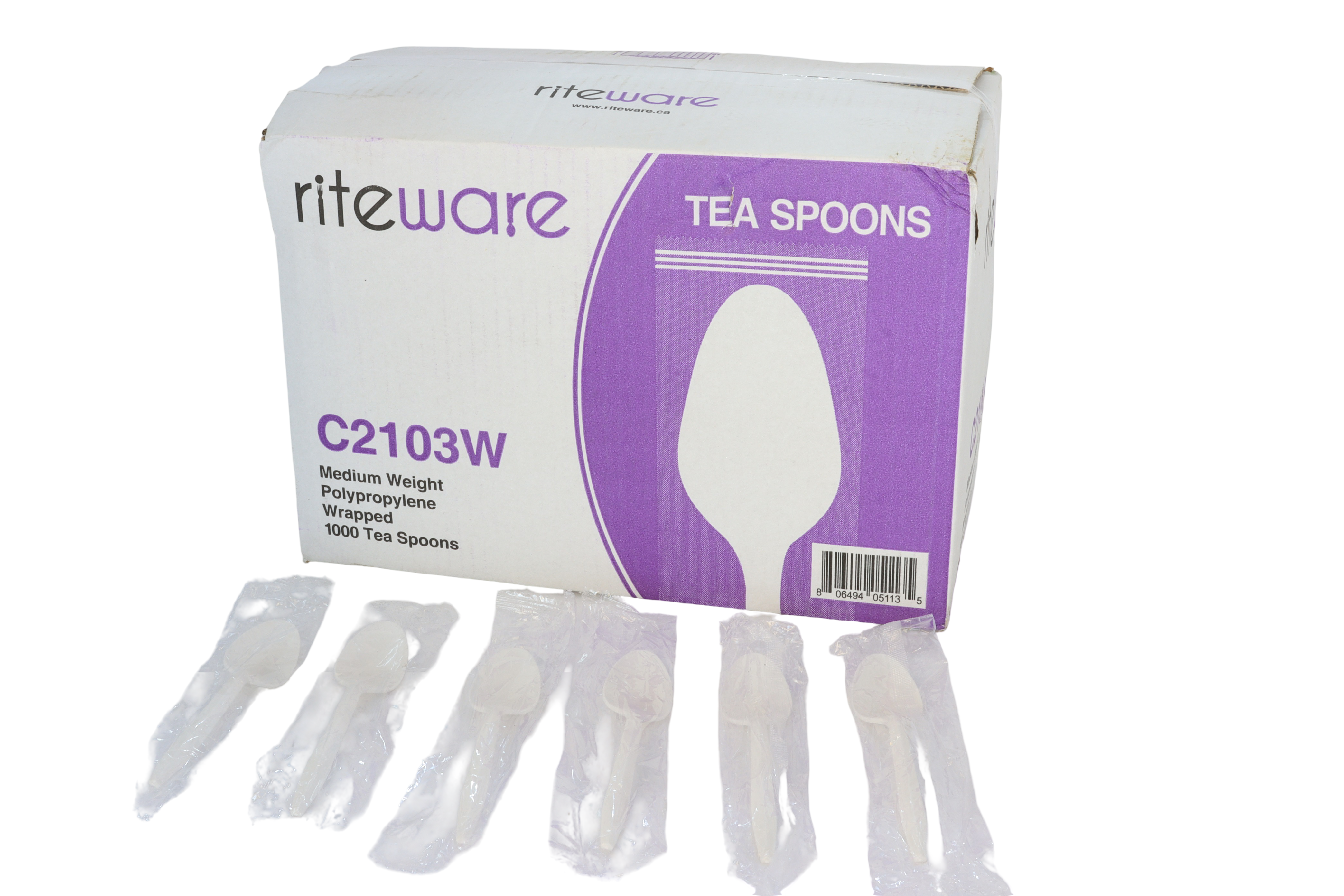 RiteWare - White TeaSpoon WRAPPED, 1000/Cs - C2103W